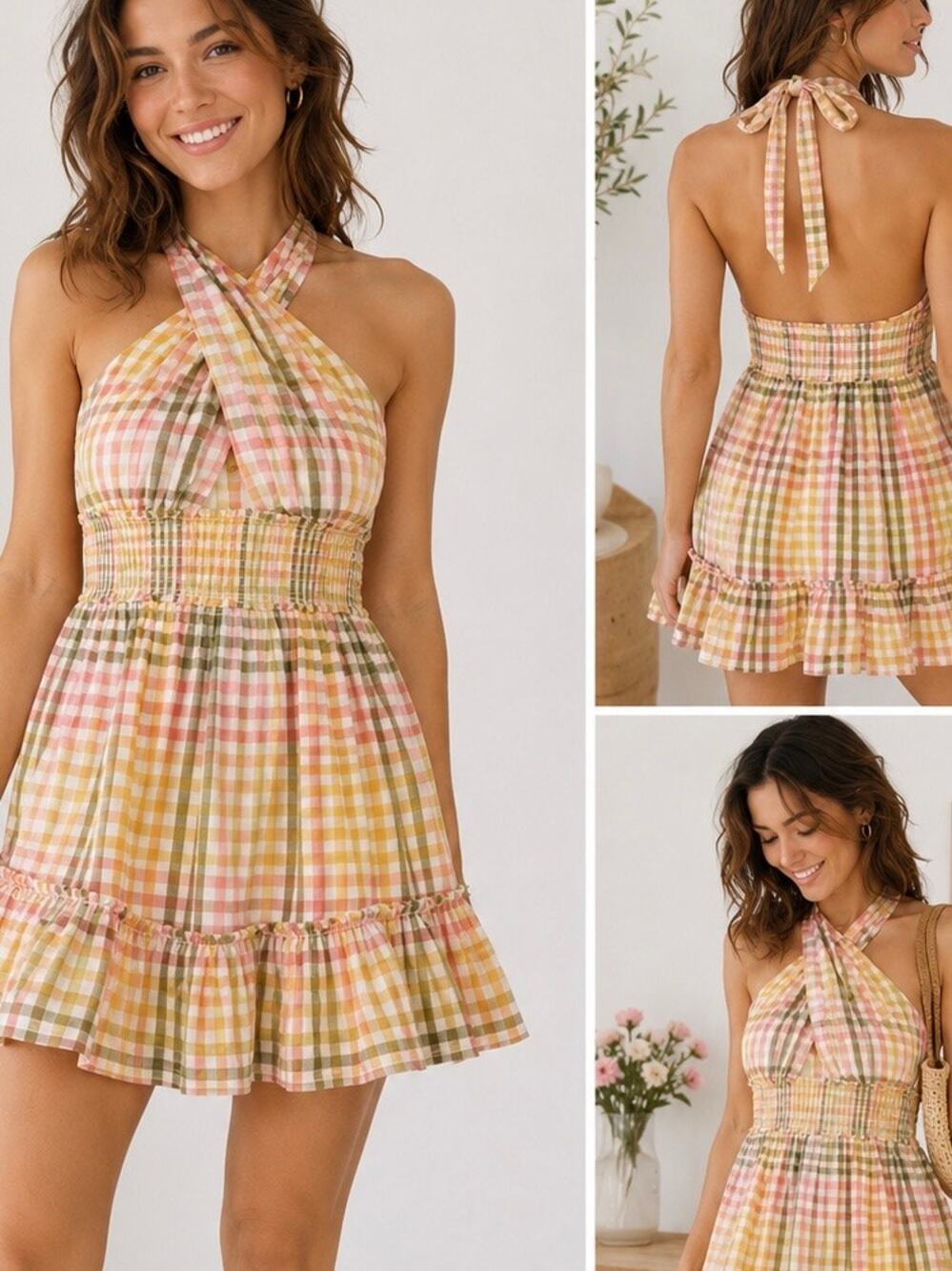 Aerie Spring Fling Gingham Plaid Halter Mini Dress Medium Open Back 100% Cotton